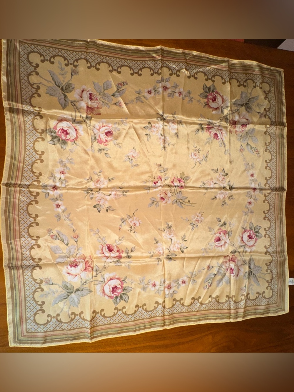 Echo 100% Silk Scarf. Pink Roses on Soft, Buttery Yellow Background.